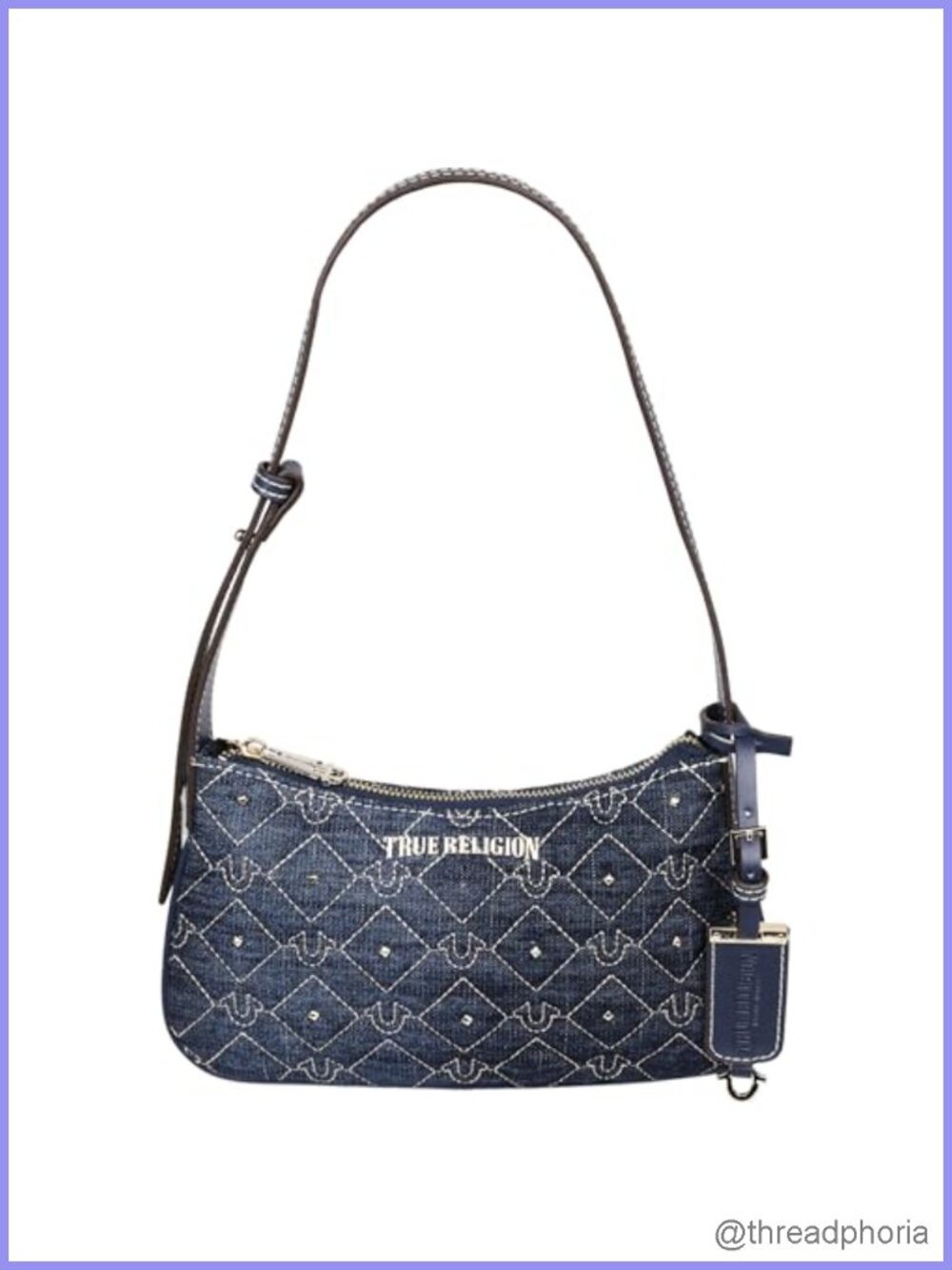 Quilted Denim Shoulder Bag with Studded Accents Adjustable Strap